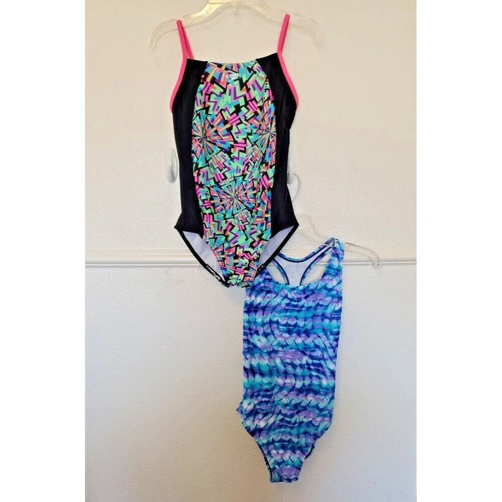 Speedo Girls One Piece Swimsuit Lot of 2 Geometric Tie Dye Size Large 10-12